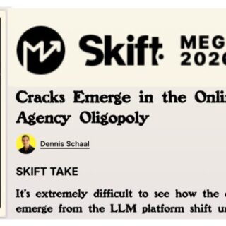 Left: 'The Splinted Throne' tarot card; Right: Skift Megatrends 2026 header with article title about online travel agency oligopoly.