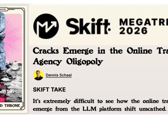 Left: 'The Splinted Throne' tarot card; Right: Skift Megatrends 2026 header with article title about online travel agency oligopoly.