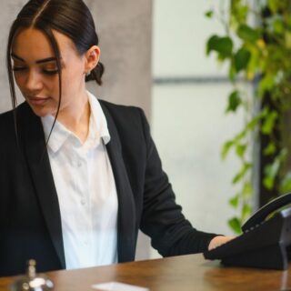 Professional woman in a black blazer at a reception desk, using a desk phone.