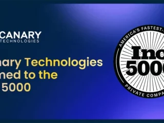 Canary Technologies announced being named to the Inc. 5000 list with their logo and a circular Inc. 5000 badge on a blue gradient background.