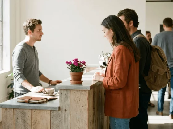 Barista taking an order from a woman at a rustic wooden counter; a potted flower sits on the counter and customers line up behind her in a bright cafe.