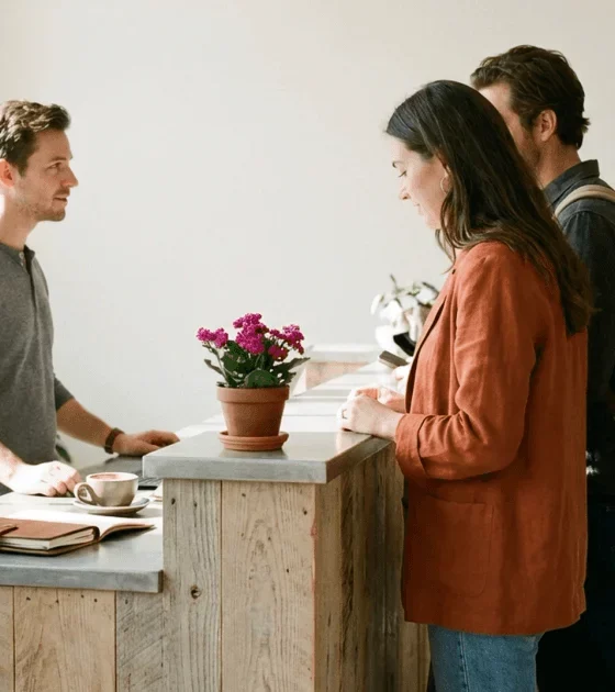 Barista taking an order from a woman at a rustic wooden counter; a potted flower sits on the counter and customers line up behind her in a bright cafe.