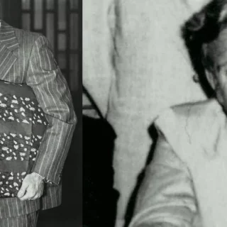 Diptych of two men in suits: left man in a pinstripe suit holding a large patterned book, right man in a light suit looks at the camera (black-and-white).