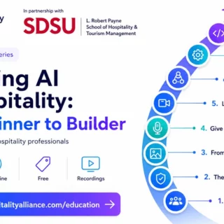 Banner promoting 'Mastering AI for Hospitality: From Beginner to Builder'—a free 8-part workshop series with AI Hospitality Alliance and SDSU logos, and a curved 8-step diagram.