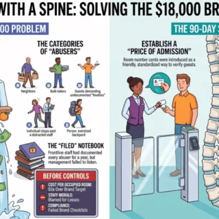 Infographic about an $18,000 breakfast leak: left shows costs and 'abusers' categories; right shows a 90-day solution and a spine diagram with breakfast pillars.