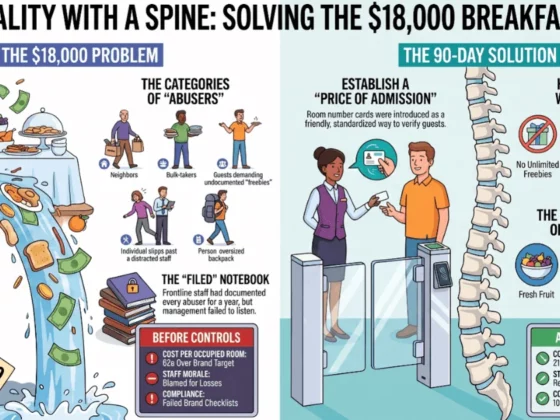 Infographic about an $18,000 breakfast leak: left shows costs and 'abusers' categories; right shows a 90-day solution and a spine diagram with breakfast pillars.