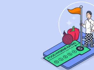 Cartoon chef standing on a blue smartphone beside a green 'FOOD HYGIENE RATING' card with a red pepper and onion and a flag holder nearby.