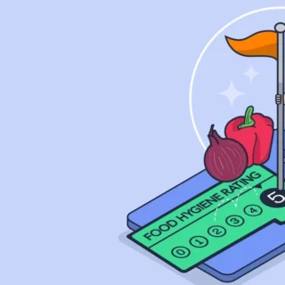 Cartoon chef standing on a blue smartphone beside a green 'FOOD HYGIENE RATING' card with a red pepper and onion and a flag holder nearby.