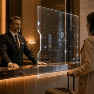 Hotel receptionist stands behind a marble check-in desk with a glowing holographic identity panel as a guest with luggage checks in.