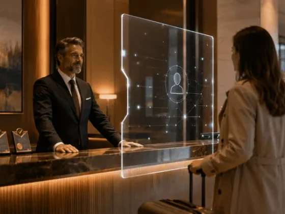Hotel receptionist stands behind a marble check-in desk with a glowing holographic identity panel as a guest with luggage checks in.