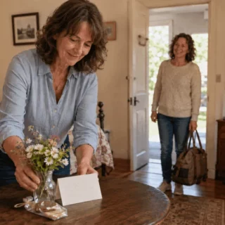 Woman in a blue shirt places a small bouquet and a card on a round table in a cozy bedroom as another woman enters carrying a bag.