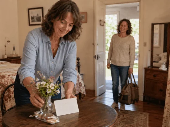 Woman in a blue shirt places a small bouquet and a card on a round table in a cozy bedroom as another woman enters carrying a bag.