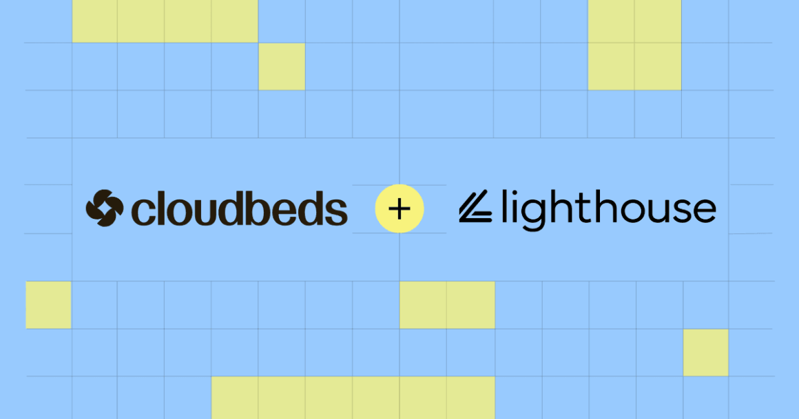 Cloudbeds and Lighthouse partner logos with a yellow '+' between them on a blue grid background.