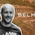 Smiling man in a halftone cutout over a warm-toned Belmond hotel with palm trees in the background.