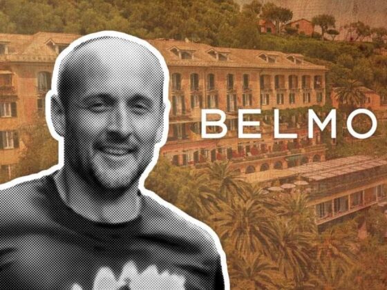 Smiling man in a halftone cutout over a warm-toned Belmond hotel with palm trees in the background.