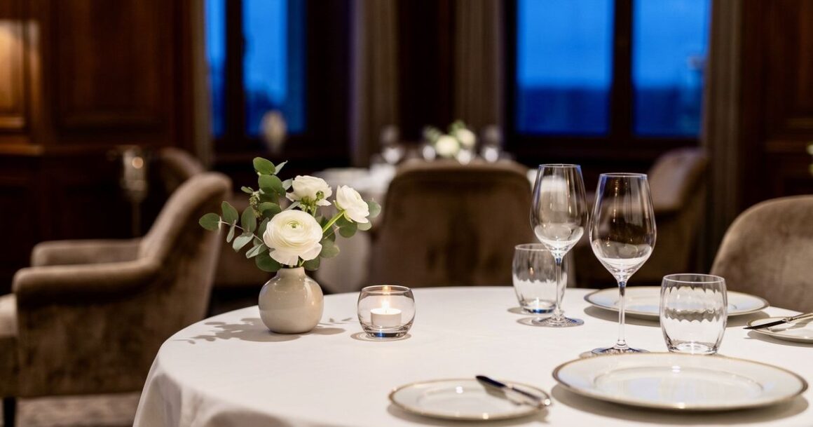Table set for two in a fine dining room with a small floral centerpiece and candle on the table.