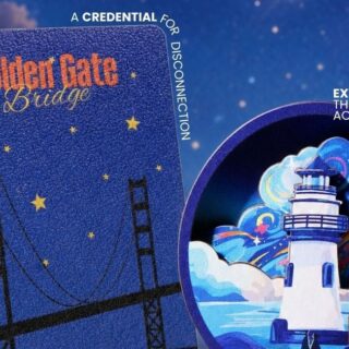 Blue card labeled 'Golden Gate Bridge' with a starry background beside a circular lighthouse illustration on a blue sky backdrop.