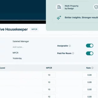 UI dashboard titled 'Executive Housekeeper' with fields for Department, Notes, Model Type, Data From and toggle switches for Assignable and Paid Per Room (MPCR system).