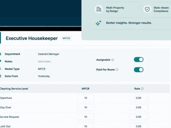 UI dashboard titled 'Executive Housekeeper' with fields for Department, Notes, Model Type, Data From and toggle switches for Assignable and Paid Per Room (MPCR system).
