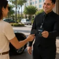 Hotel concierge in black uniform hands a contactless card to a guest outside the entrance.