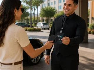 Hotel concierge in black uniform hands a contactless card to a guest outside the entrance.
