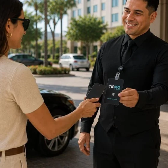 Hotel concierge in black uniform hands a contactless card to a guest outside the entrance.
