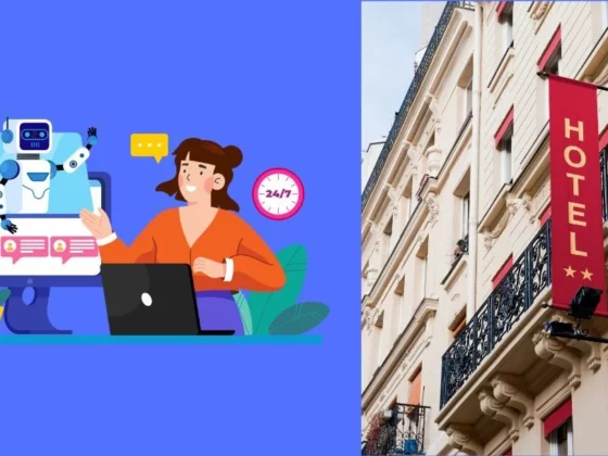 Left: friendly robot assisting a woman at a laptop with chat bubbles; right: a multi-story building with a red vertical 'HOTEL' sign.