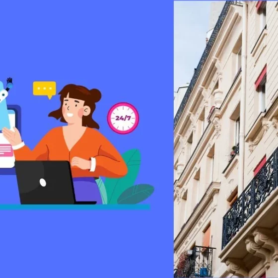 Left: friendly robot assisting a woman at a laptop with chat bubbles; right: a multi-story building with a red vertical 'HOTEL' sign.