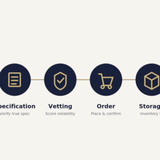 Procurement process timeline showing Sourcing, Specification, Vetting, Order, Storage, and Tracking.