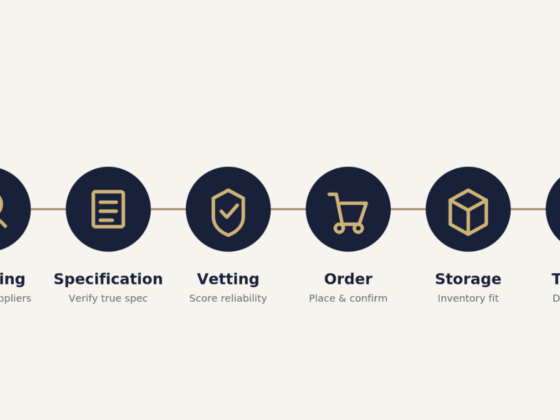 Procurement process timeline showing Sourcing, Specification, Vetting, Order, Storage, and Tracking.