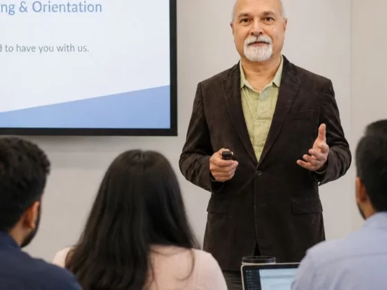 Man presenting to a group during onboarding; slide reads 'Onboarding & Orientation' with a welcoming message.