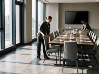 Two staff members prepare a modern conference room: one adjusts a chair, the other arranges place settings at a long table by large windows.