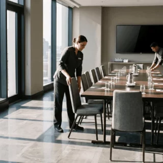 Two staff members prepare a modern conference room: one adjusts a chair, the other arranges place settings at a long table by large windows.