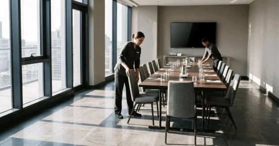 Two staff members prepare a modern conference room: one adjusts a chair, the other arranges place settings at a long table by large windows.