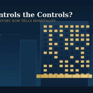 Infographic header: 'Who Controls the Controls?' over a dark blue cityscape with a tall grid of yellow squares in the center.