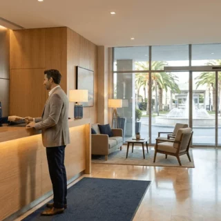 Reception desk in The Grand Hotel lobby as a staff member hands a guest something at check-in, with the sign 'The Grand Hotel' visible behind them.