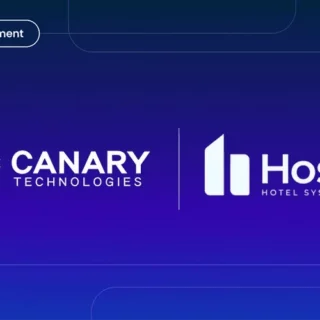 Banner announcing integration between Canary Technologies and Host Hotel Systems with logos side by side on a blue gradient background.