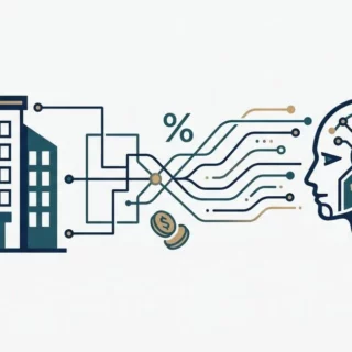 Business building connected by circuit lines to a high-tech brain, symbolizing AI in enterprise