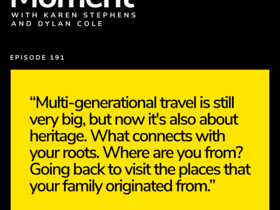 Yellow quote card on a black page with a long heritage travel quote—Episode 191