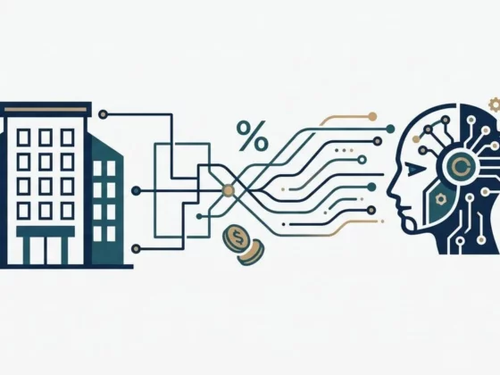 Business building connected by circuit lines to a high-tech brain, symbolizing AI in enterprise