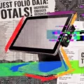 Collage of receipts, a computer monitor, and neon glitch graphics symbolizing connected technology and data.