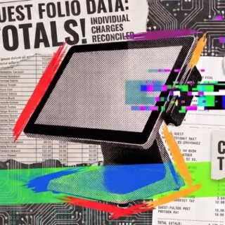 Collage of receipts, a computer monitor, and neon glitch graphics symbolizing connected technology and data.