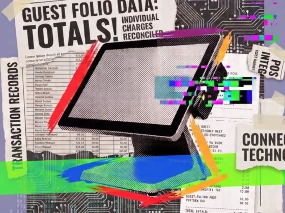 Collage of receipts, a computer monitor, and neon glitch graphics symbolizing connected technology and data.