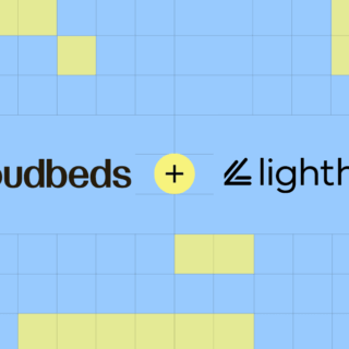 Cloudbeds and Lighthouse partner logos with a yellow '+' between them on a blue grid background.