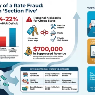 Infographic titled The Anatomy of a Rate Fraud: Lessons from Section Five showing hotel revenue issues, a bar chart of 14-22% deficit, icons for cheap stays and $700,000 suppressed revenue, and a pathway from problem to solutions on the right side.