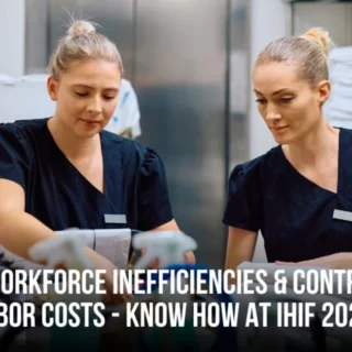 Two female healthcare workers in dark scrubs work at a station, with a UNIFOCUS logo in the top-left and a banner about reducing workforce inefficiencies for IHF 2025.