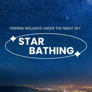 Logo for Star Bathing: 'Finding wellness under the night sky' with an oval ring and star icons over a starry night sky.