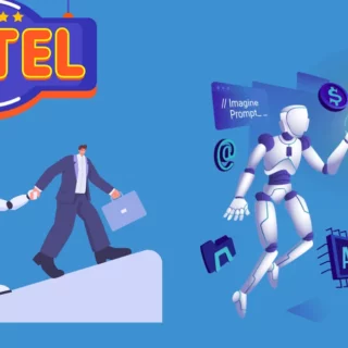 Robot helps a businessman climb a slope under a large neon hotel sign on a blue background.