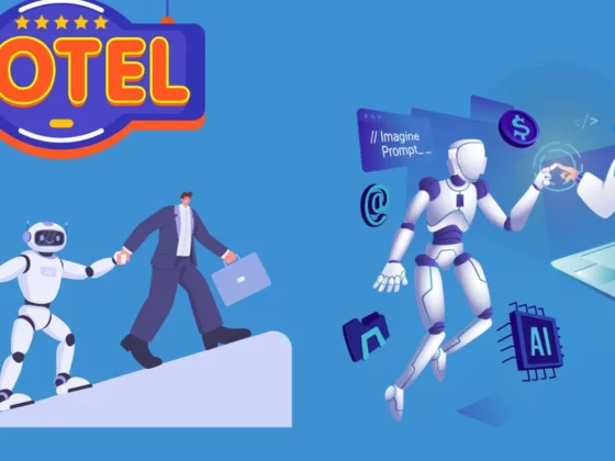 Robot helps a businessman climb a slope under a large neon hotel sign on a blue background.