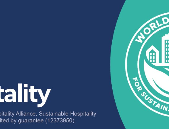 Banner promoting sustainable hospitality branding: World Sustainable Hospitality Alliance with NetPositiveHospitality text and a circular World Academy emblem, plus a call-to-action about a 2-week free trial by email on teal background.